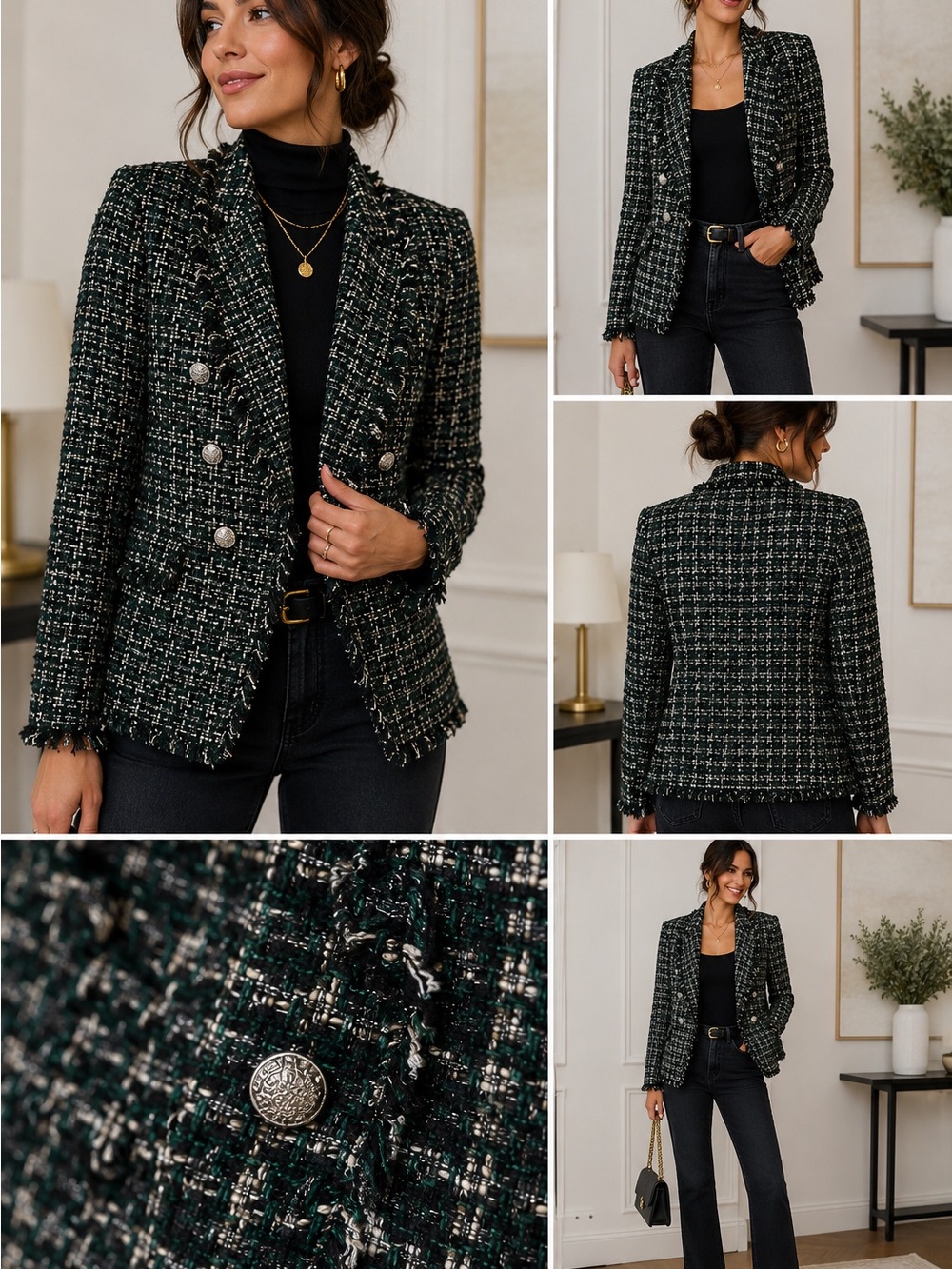 Rachel Zoe Emerald Bouclé Tweed Blazer XS Frayed Trim Jacket